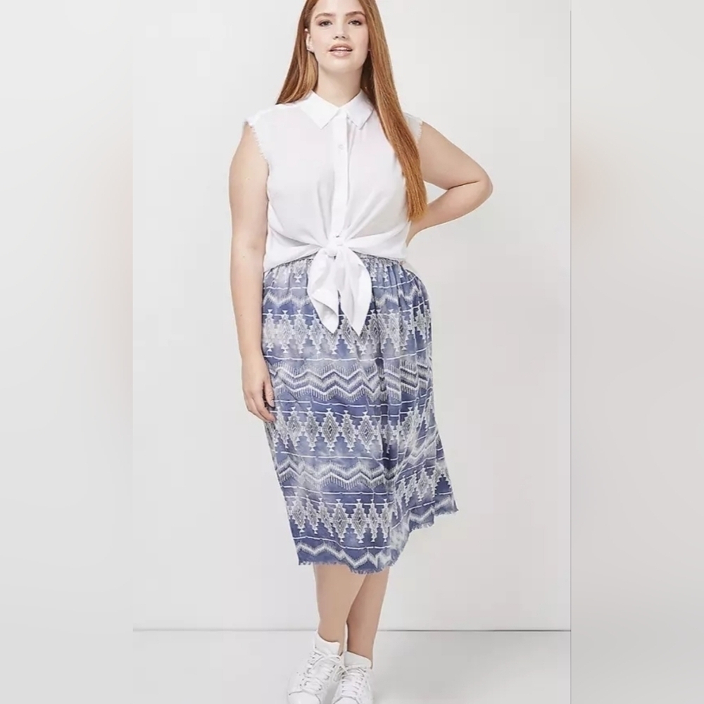 Lane Bryant 6th & Lane Womens Embroidered Tie-Dye Blue Midi Skirt Raw Hem 18/20